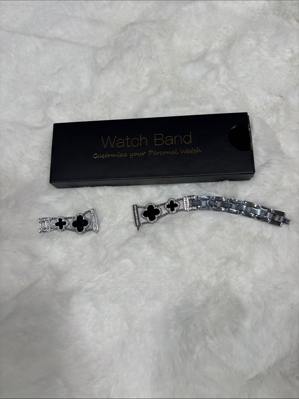 Silver Watch Band with Black Clover Accents